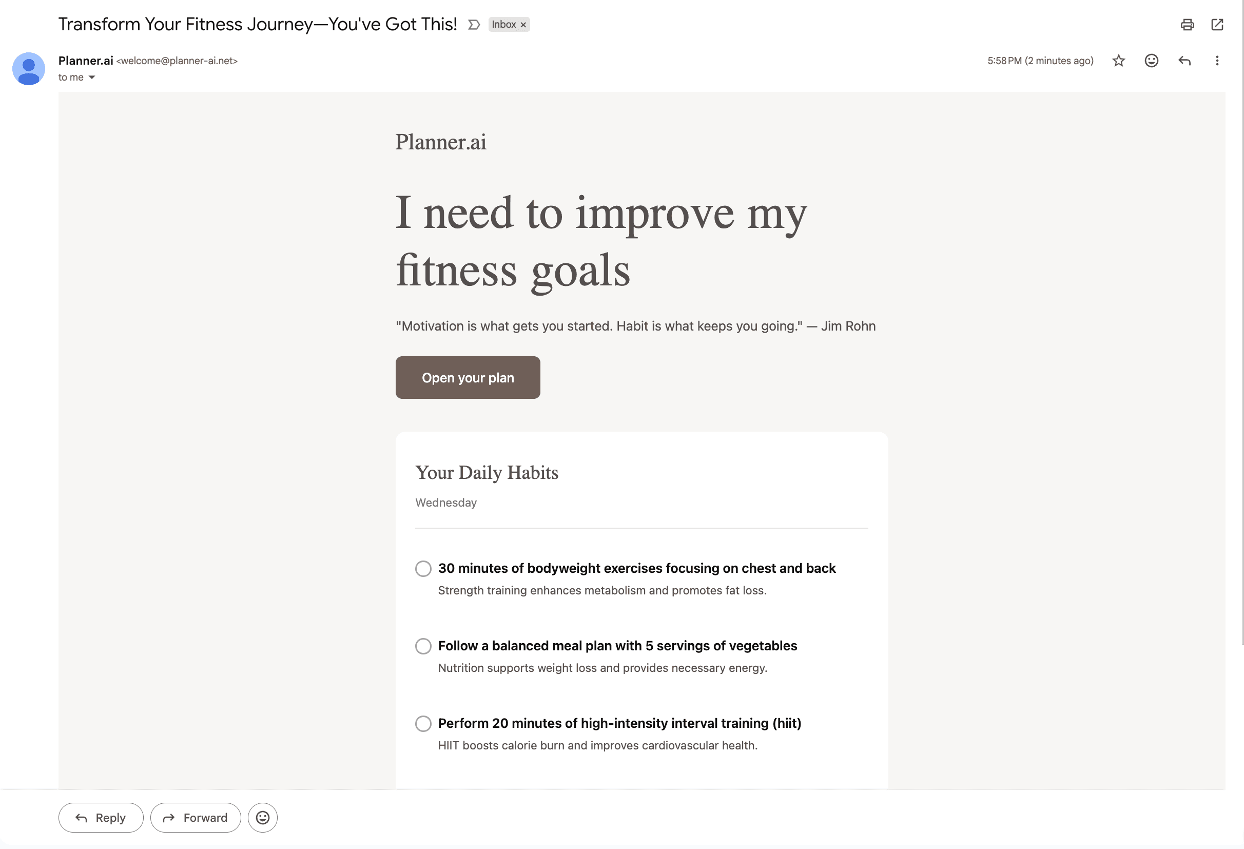 Planner AI daily reminder email.