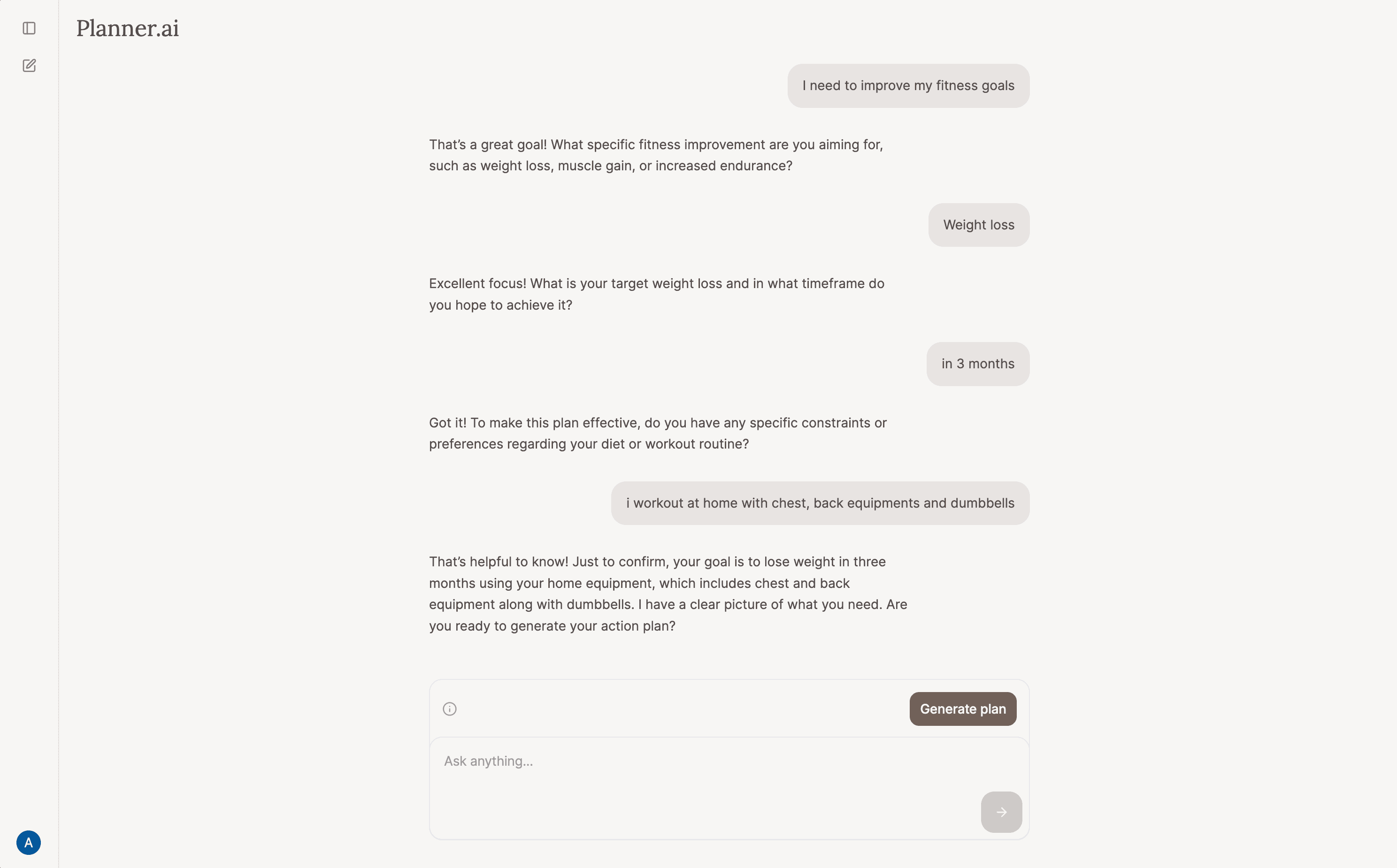 Planner AI guided conversation and coaching questions.