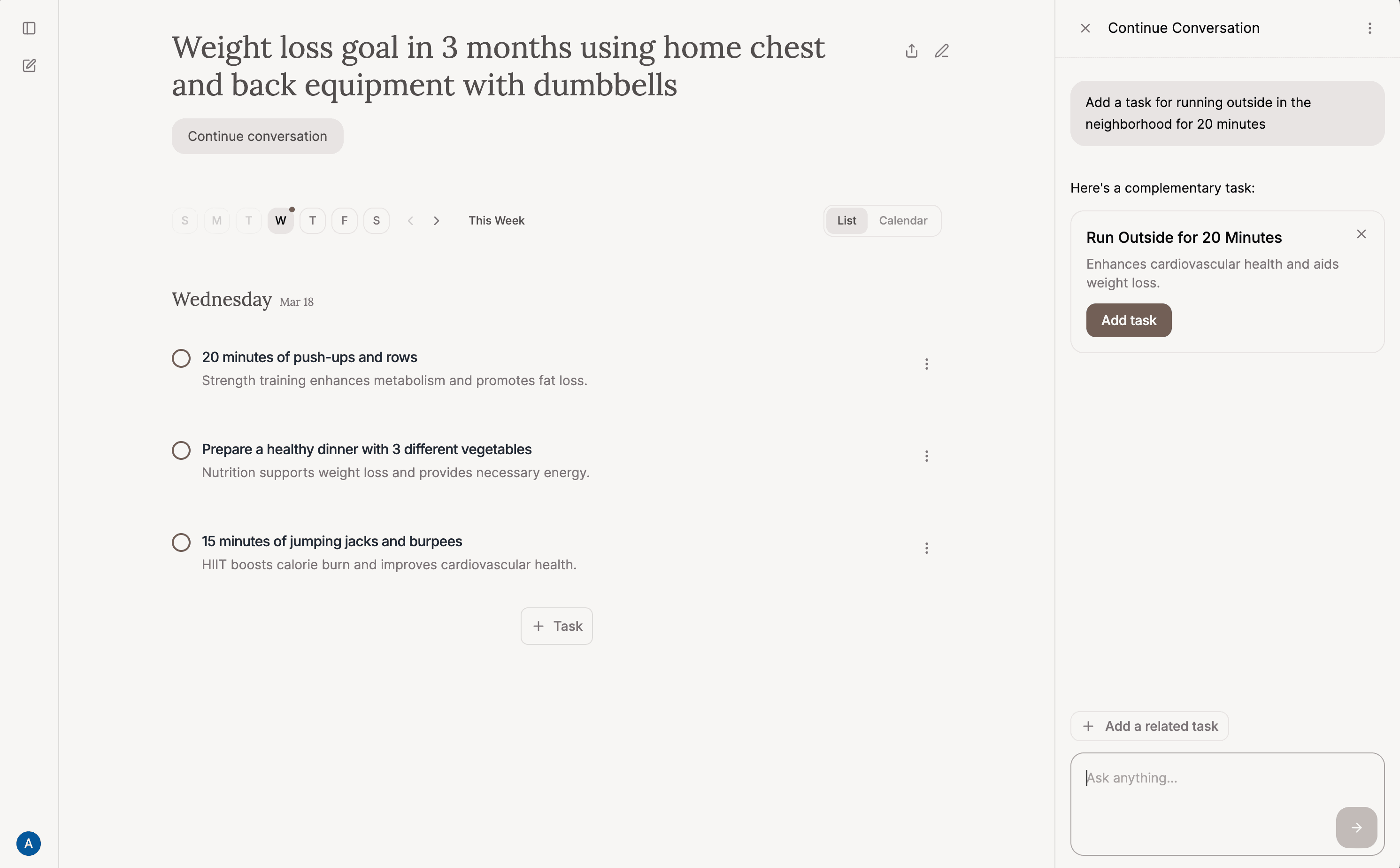 Planner AI sidebar conversation with structured task proposal card.