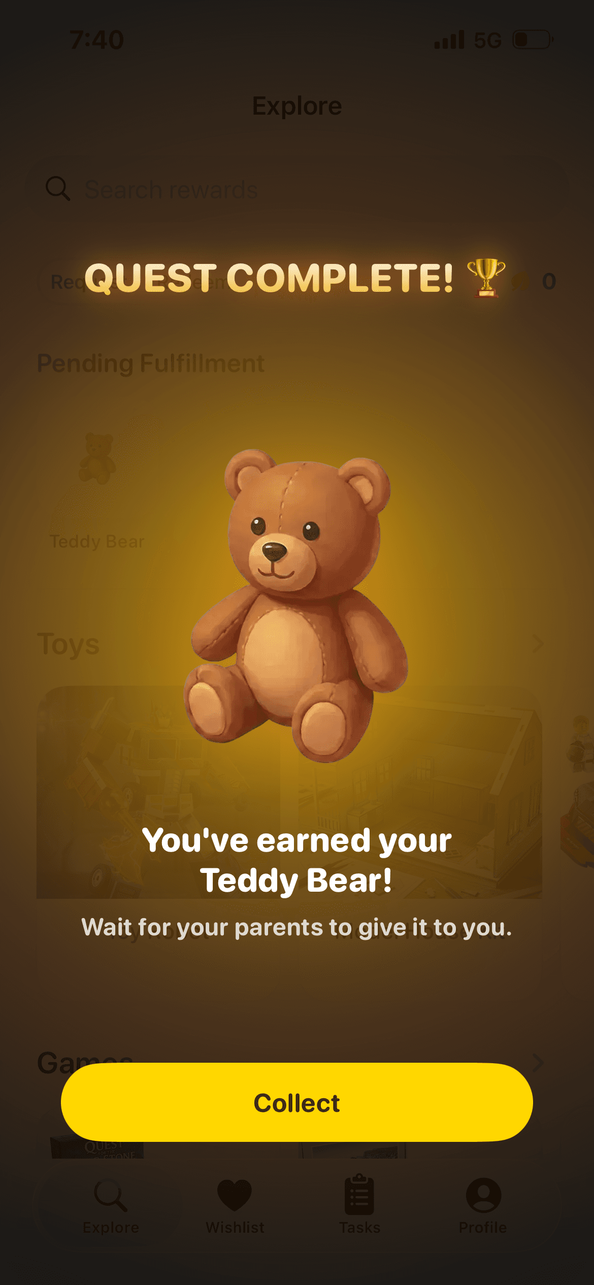 Chorely reward earned screen showing a teddy bear reward collection state.
