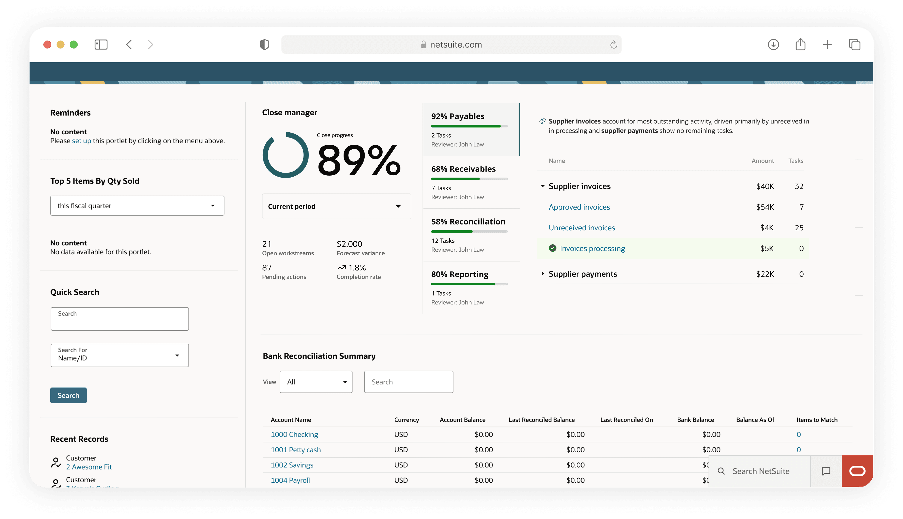 Oracle NetSuite Close Manager dashboard review screen.