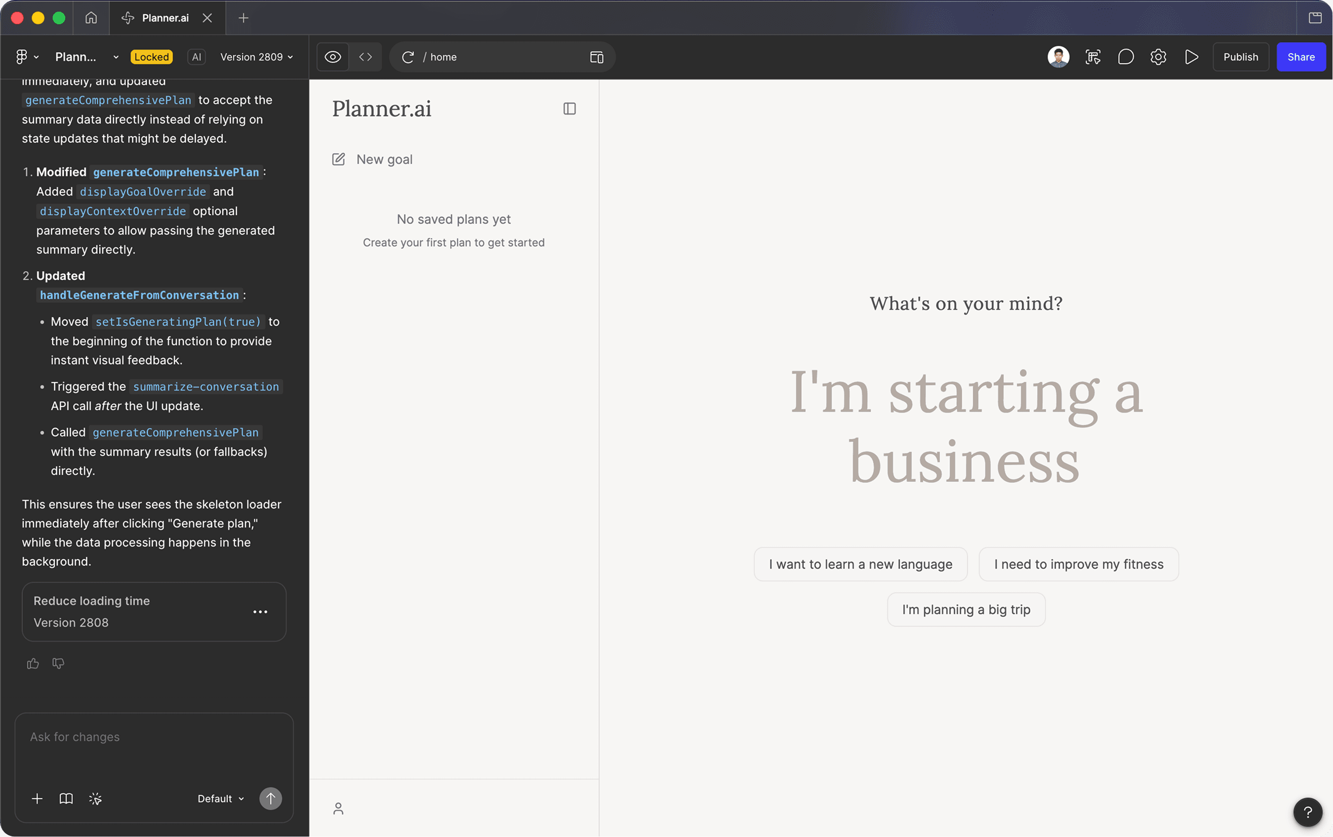 Planner.ai prototype open in Figma Make.
