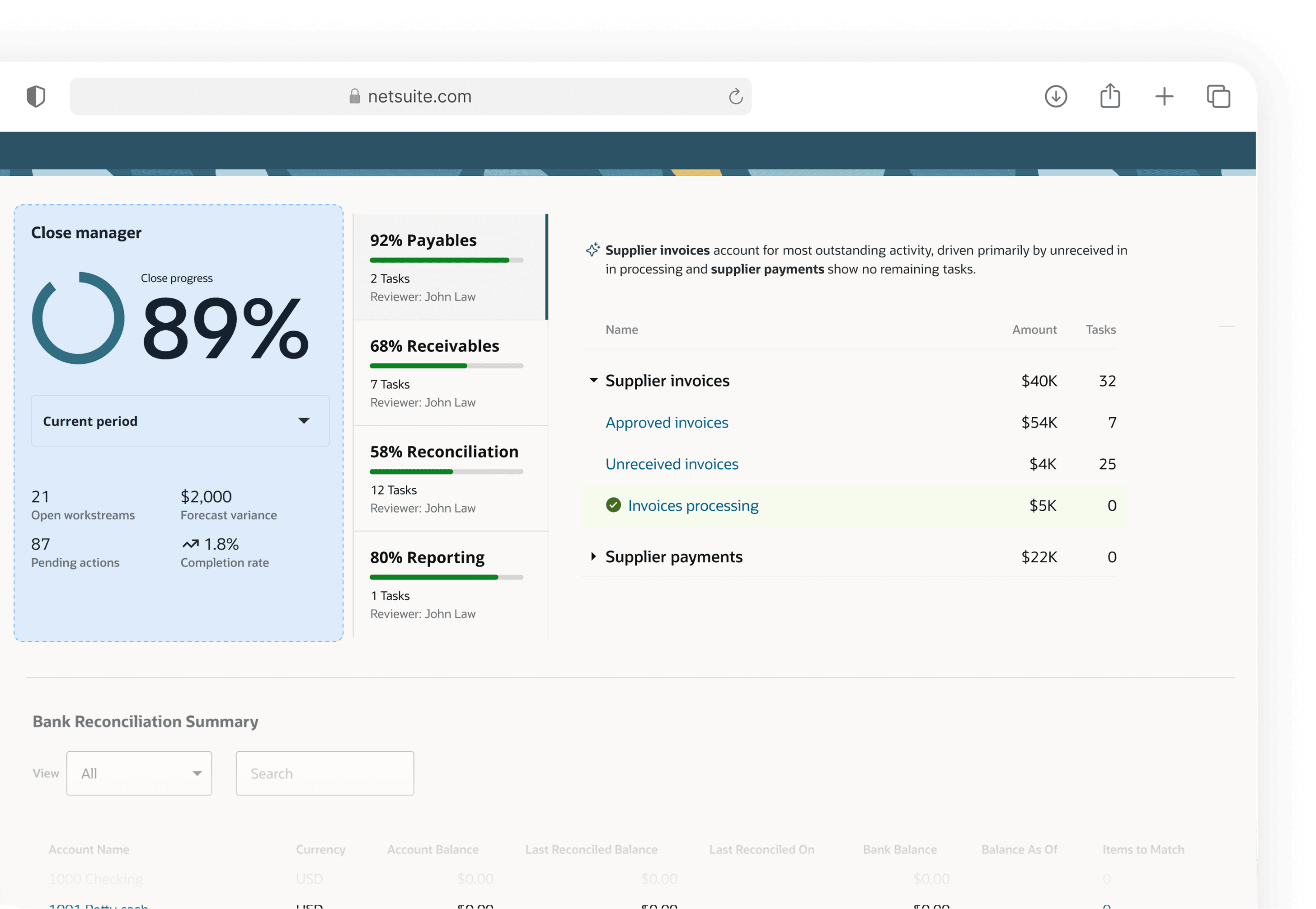 Close Manager solution showing real-time close progress, category health, insight summary, and task detail.