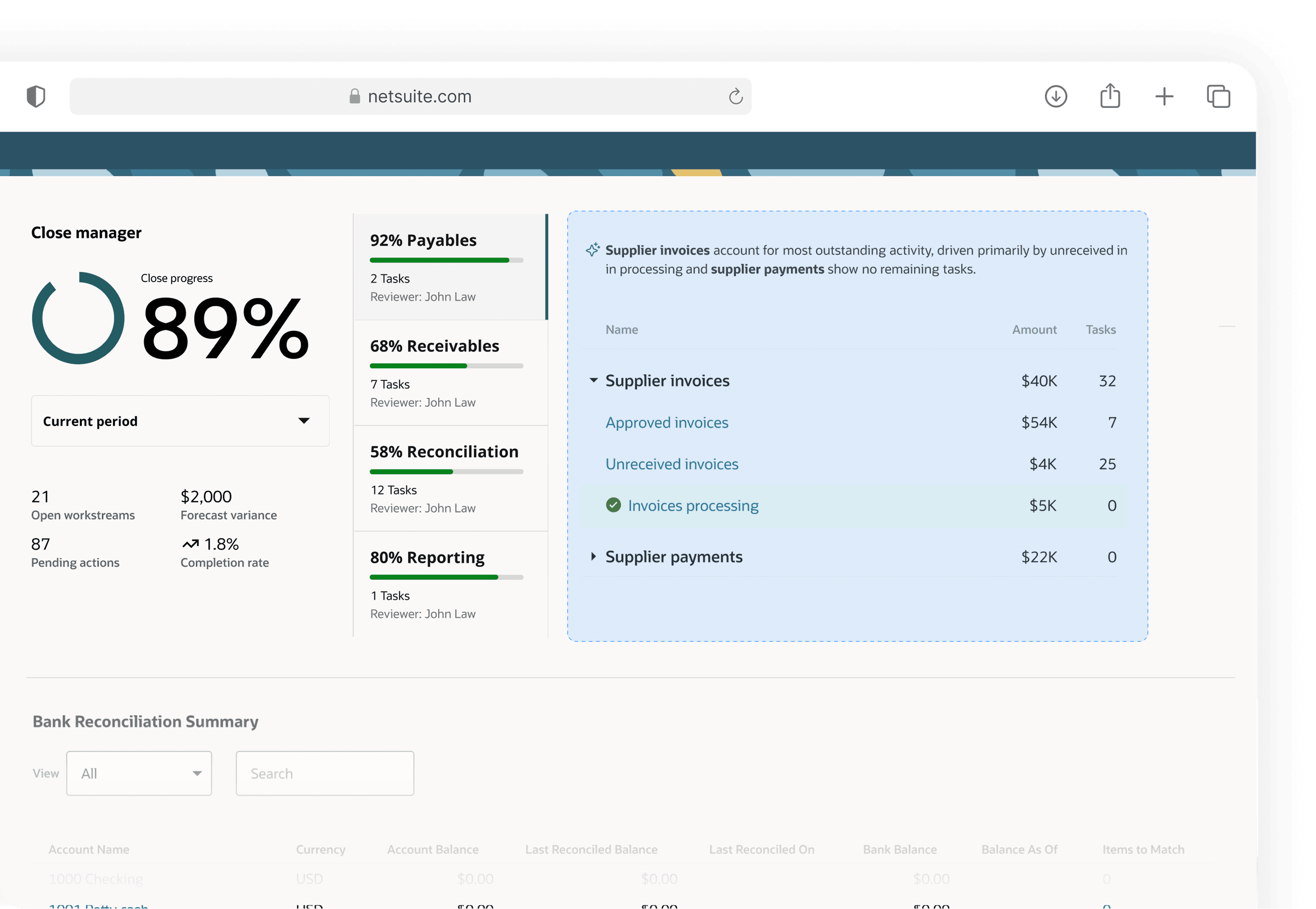 Close Manager solution highlighting the AI-driven insight and task detail area for collaborative close workflows.