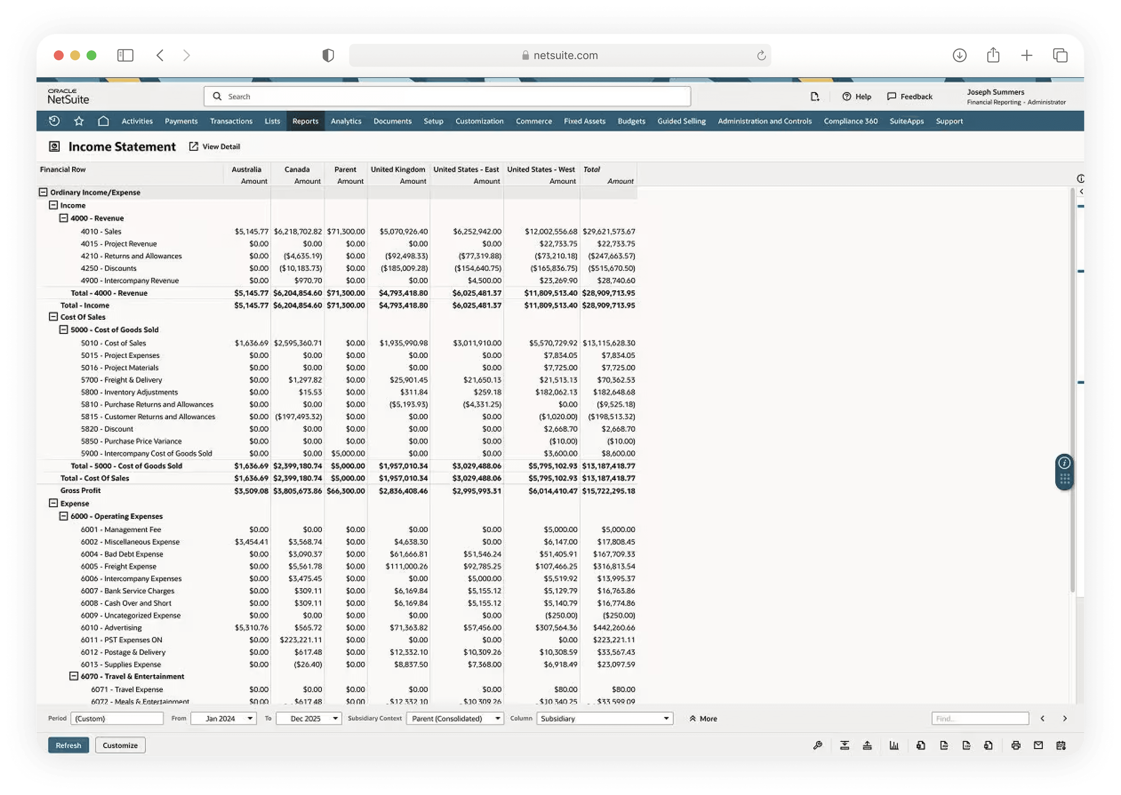 NetSuite-style income statement report showing dense financial rows and regional columns.