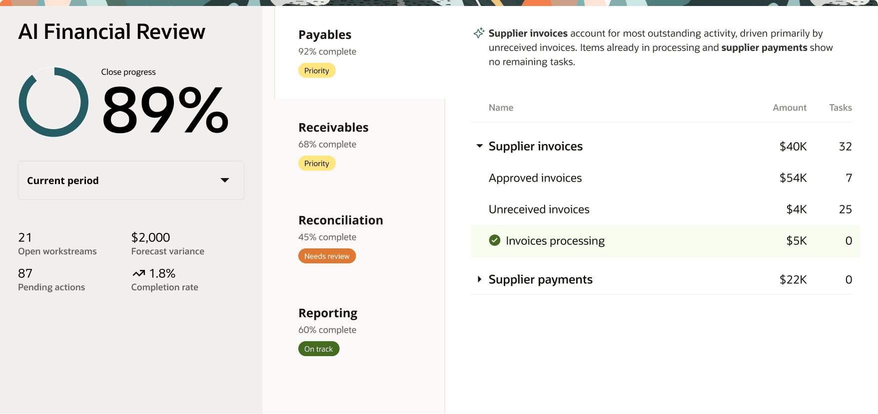 Oracle NetSuite final AI-assisted close management review screen.