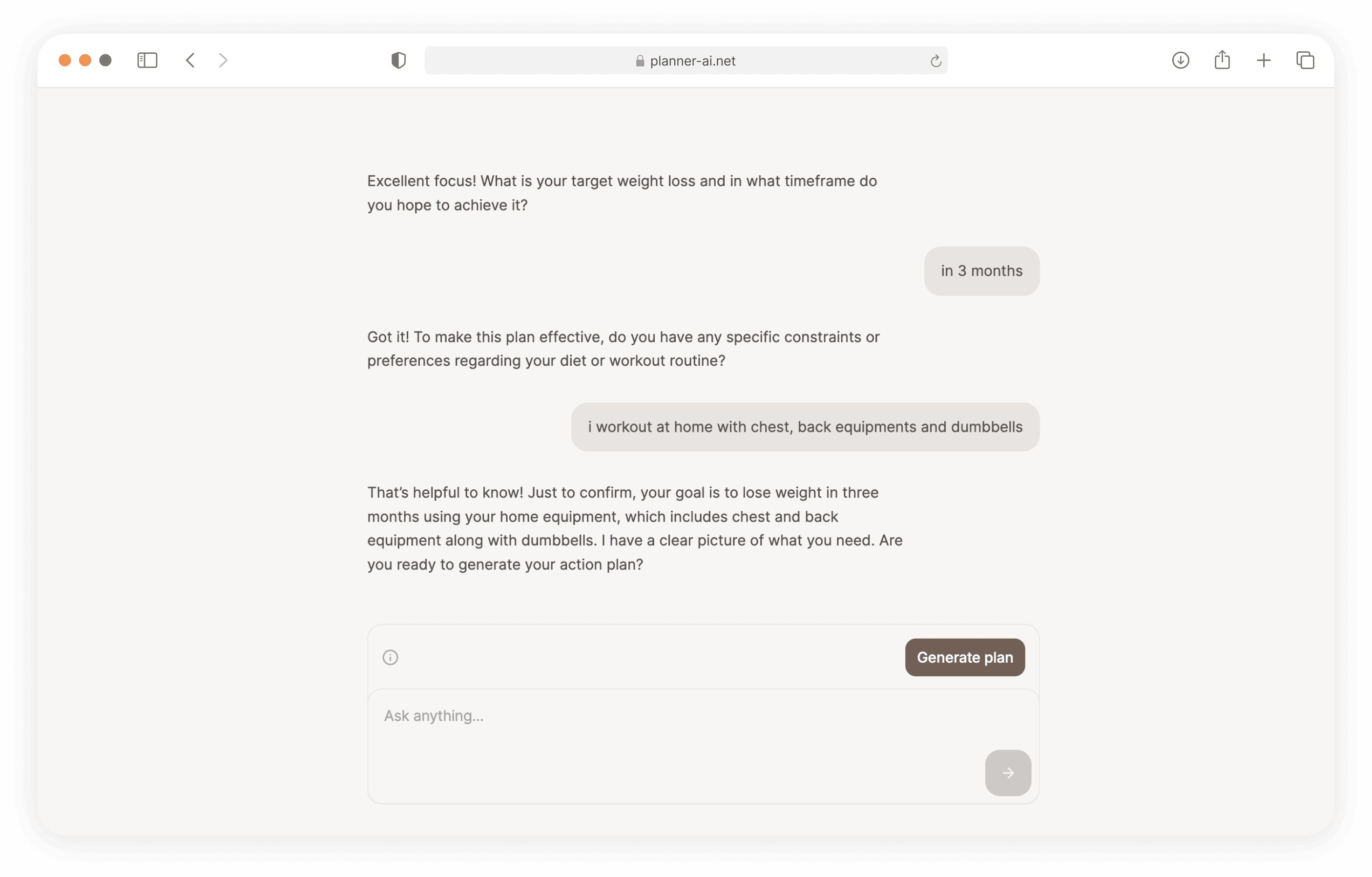 Planner AI coaching conversation asking focused questions before generating a plan.
