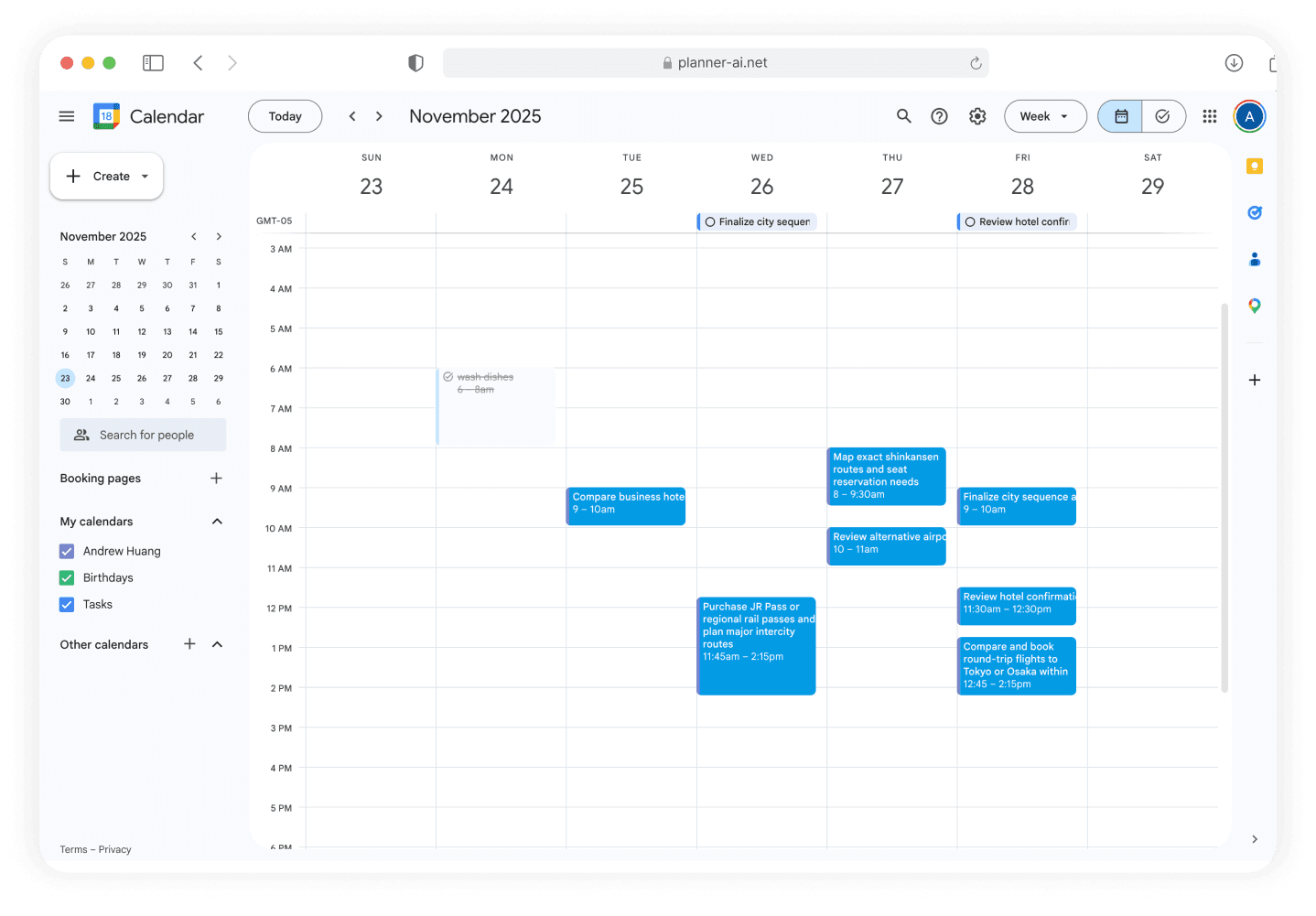 Planner AI tasks synced into Google Calendar.
