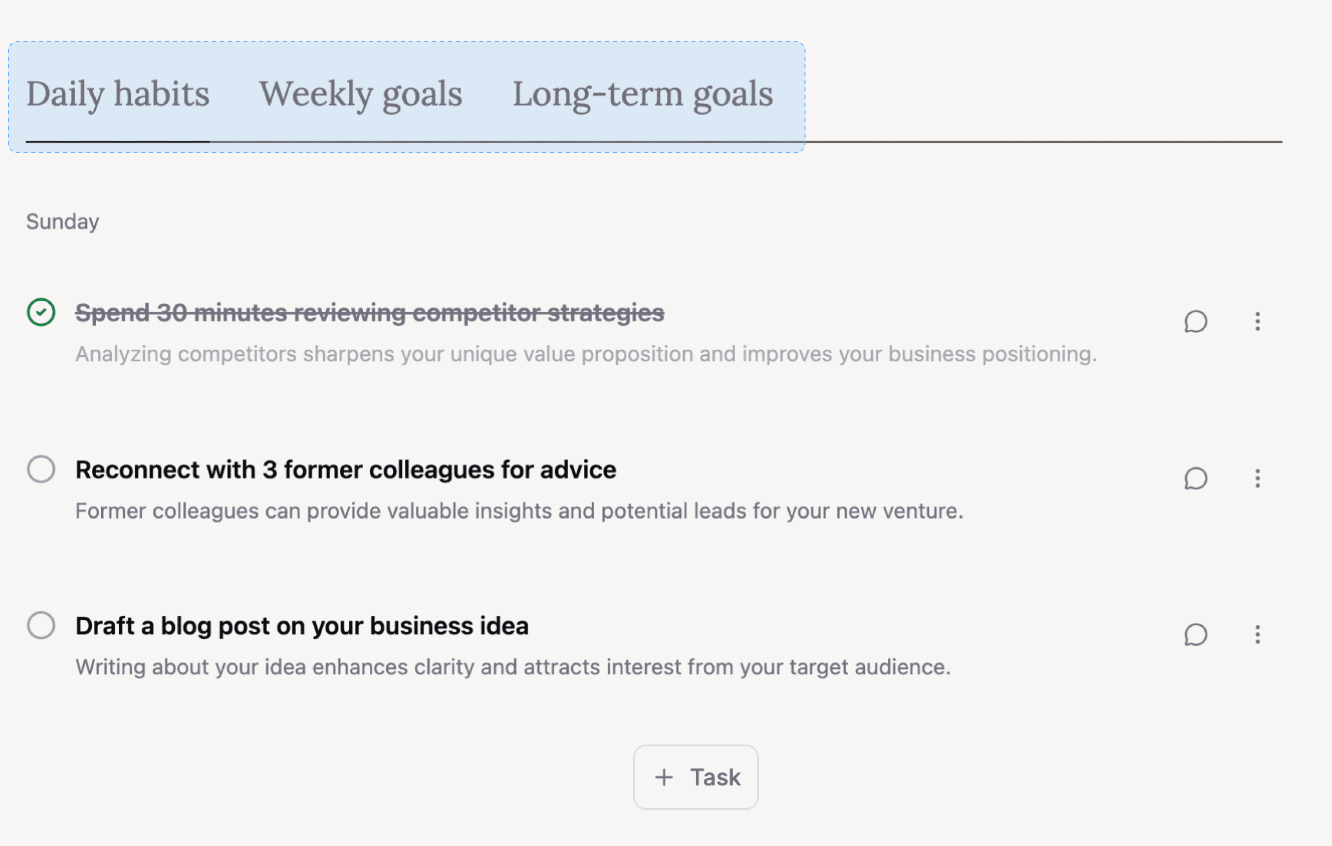 Early Planner AI interface showing daily habits, weekly goals, and long-term goals as separate layers.
