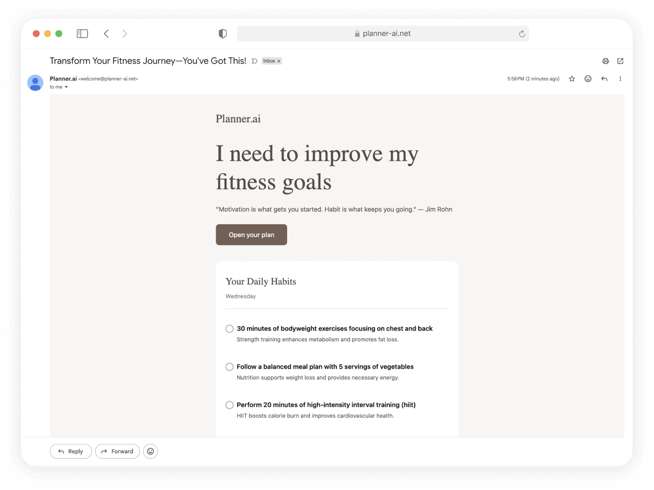 Planner AI email reminder showing daily habits.