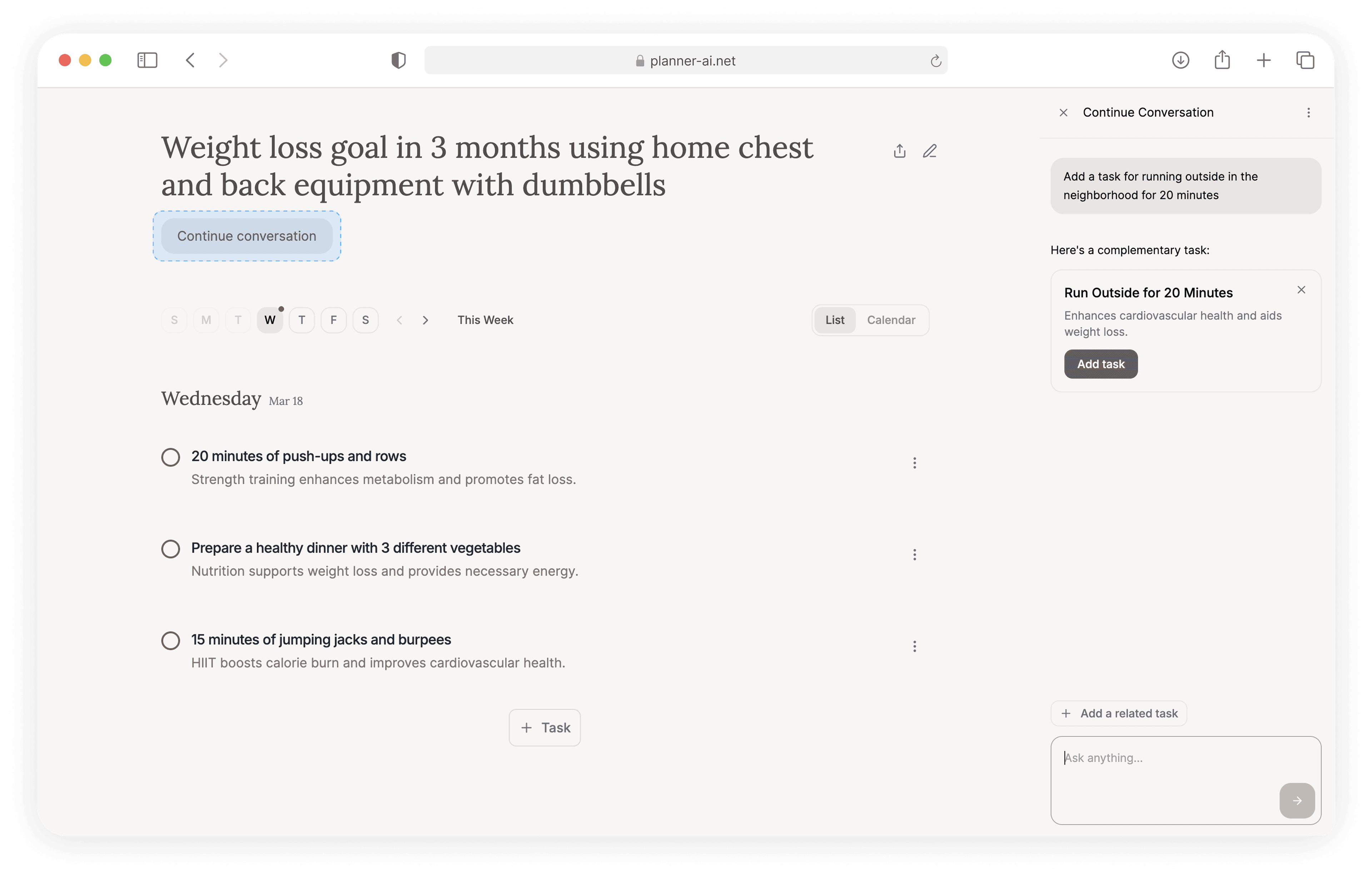 Planner AI interface showing one global continue conversation entry point with full-plan context.