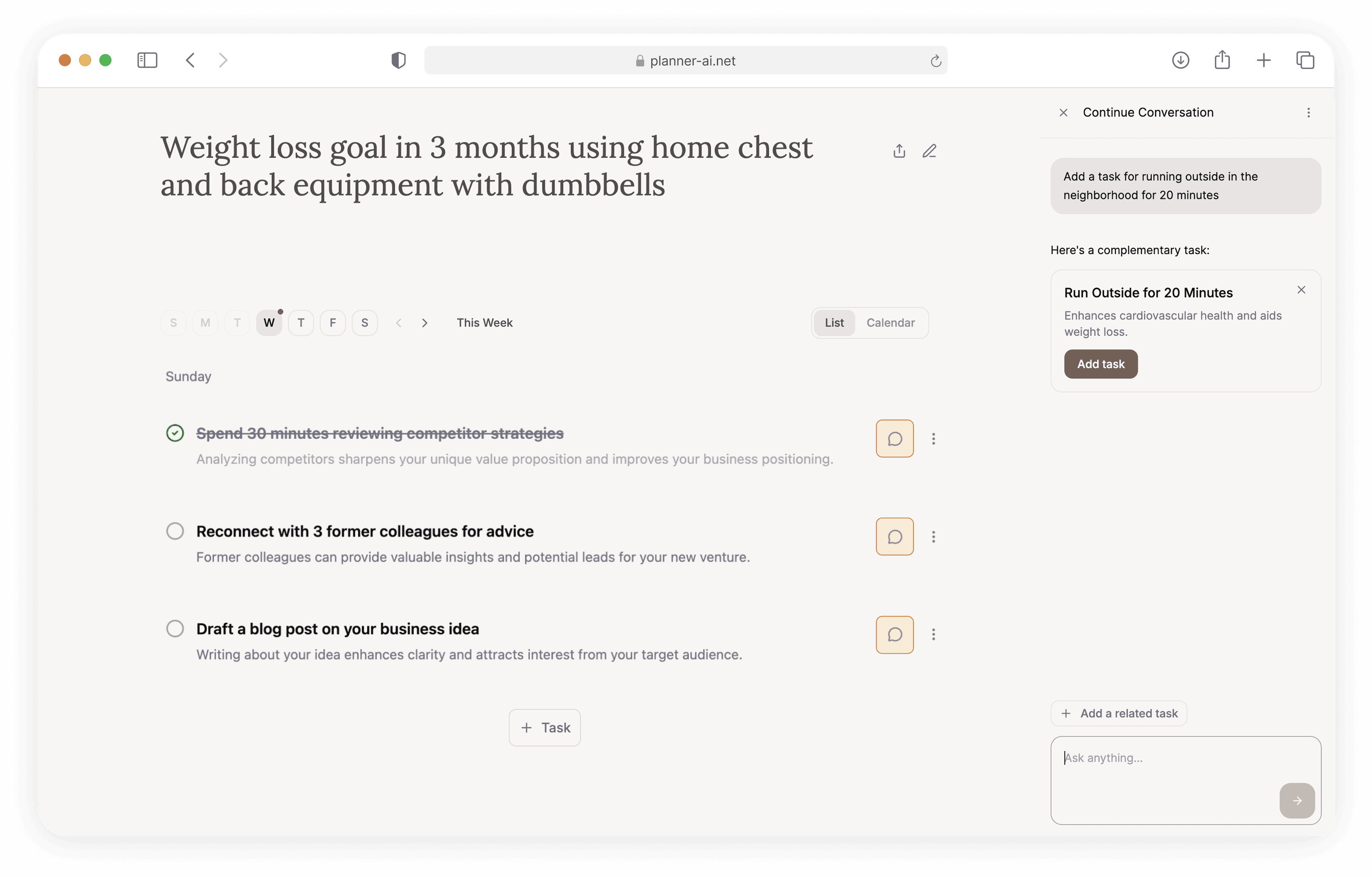 Planner AI interface showing per-task chats attached to individual action items.