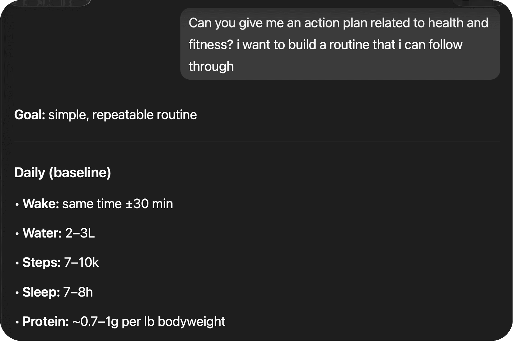 ChatGPT response generating a generic health and fitness action plan.