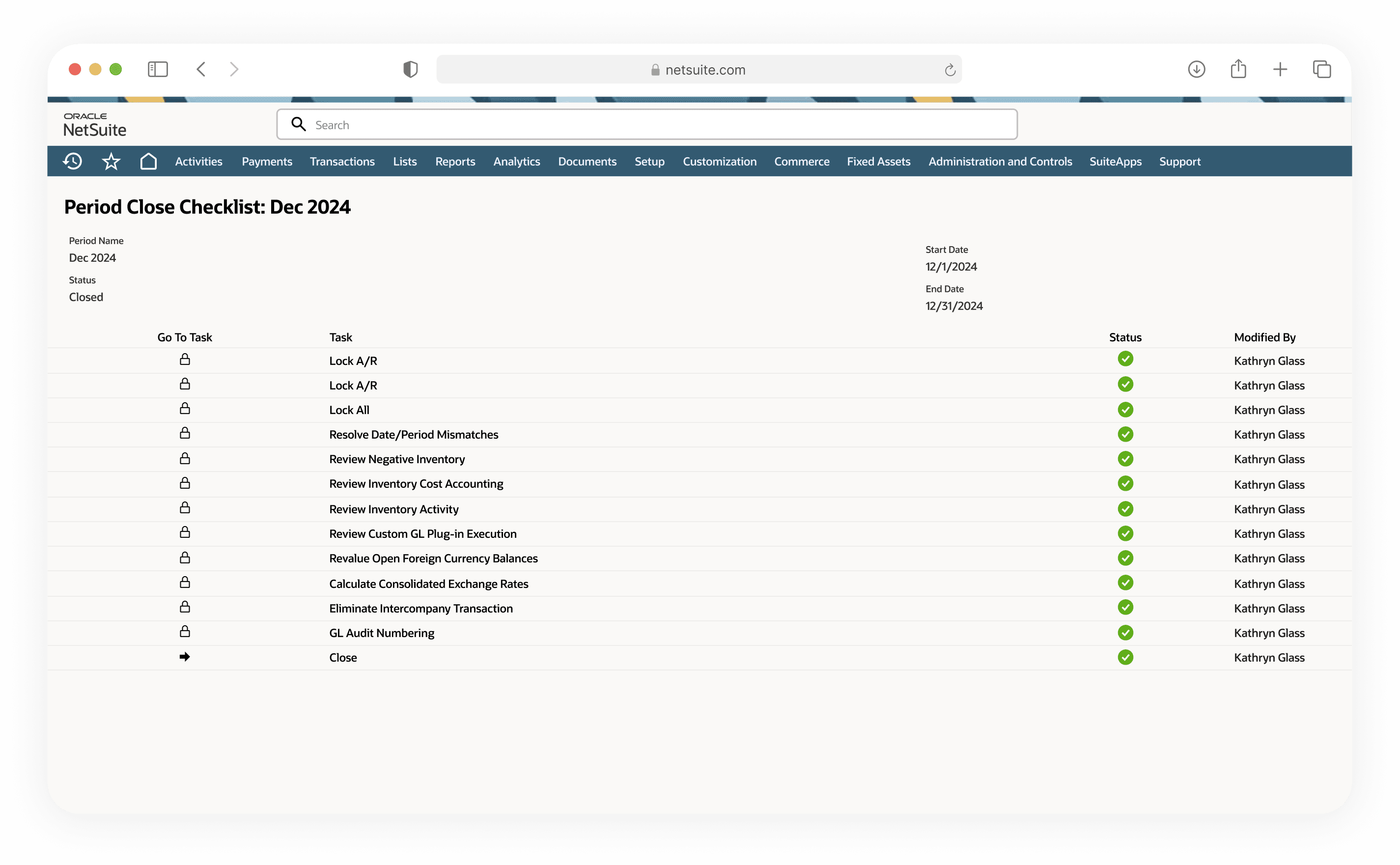 Current NetSuite period close checklist with static task rows and status indicators.