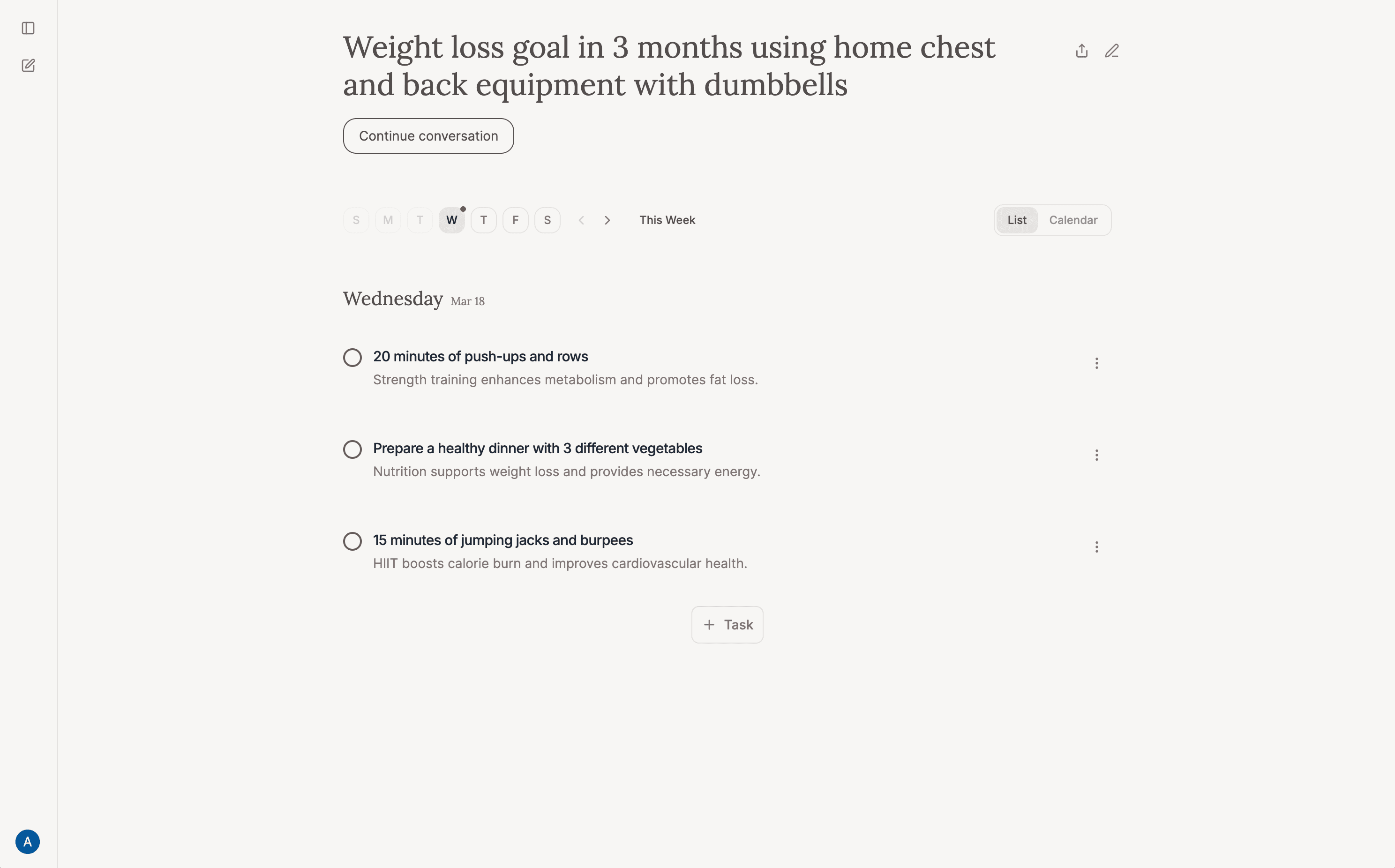 Refined Planner AI interface focused on daily action.
