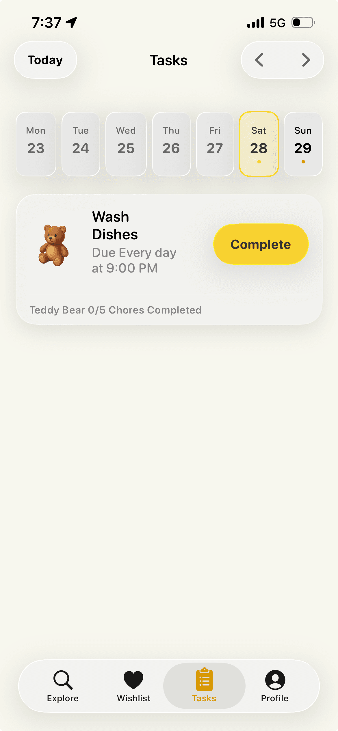 Chorely task schedule screen showing a child chore and progress toward a reward.