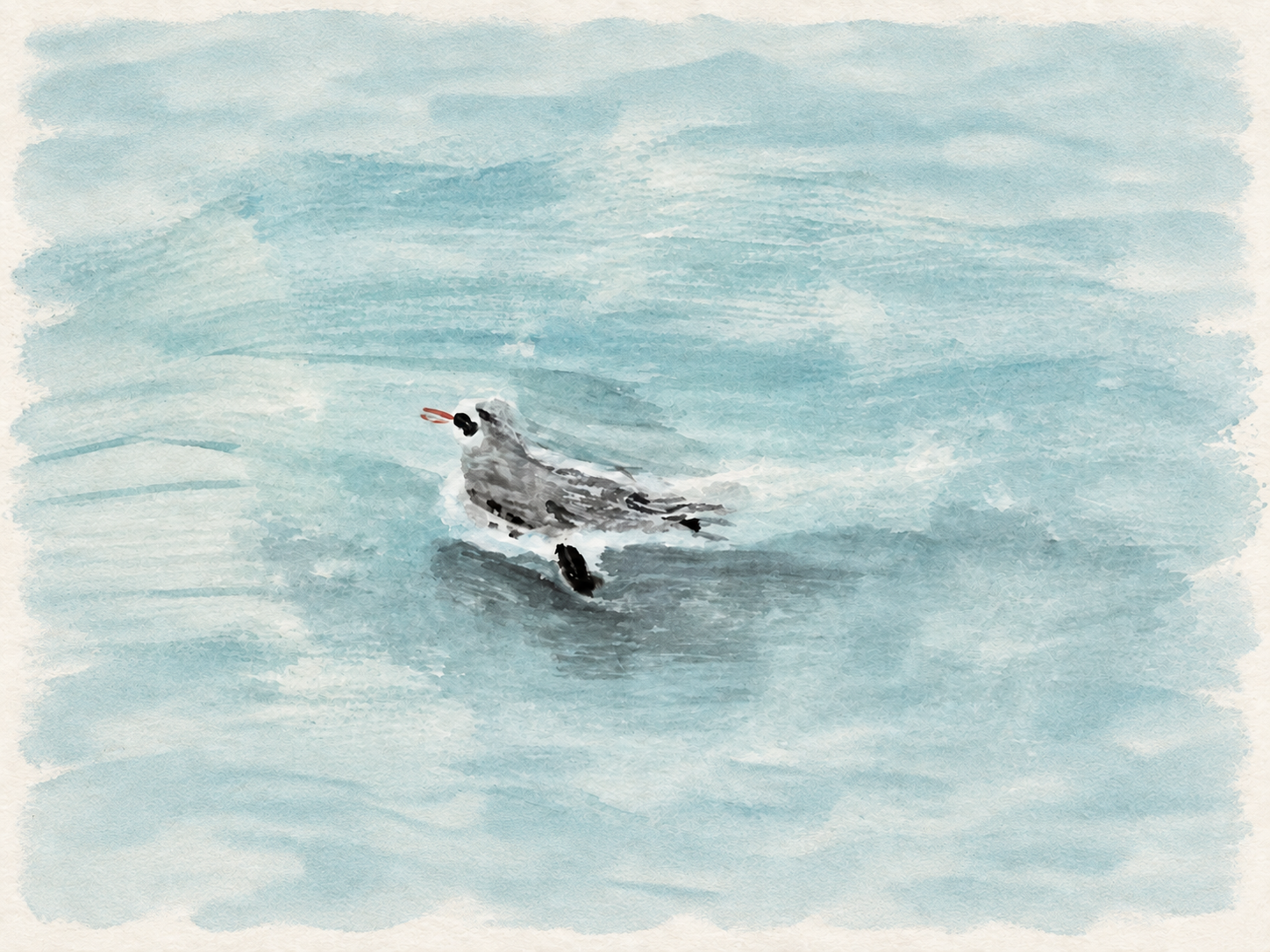 A small watercolor painting of a bird standing in pale blue water
