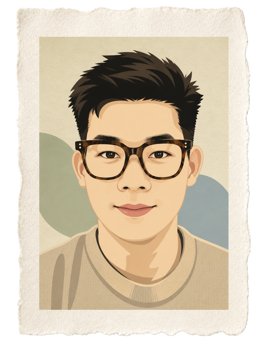 Portrait of Andrew Huang printed on textured paper