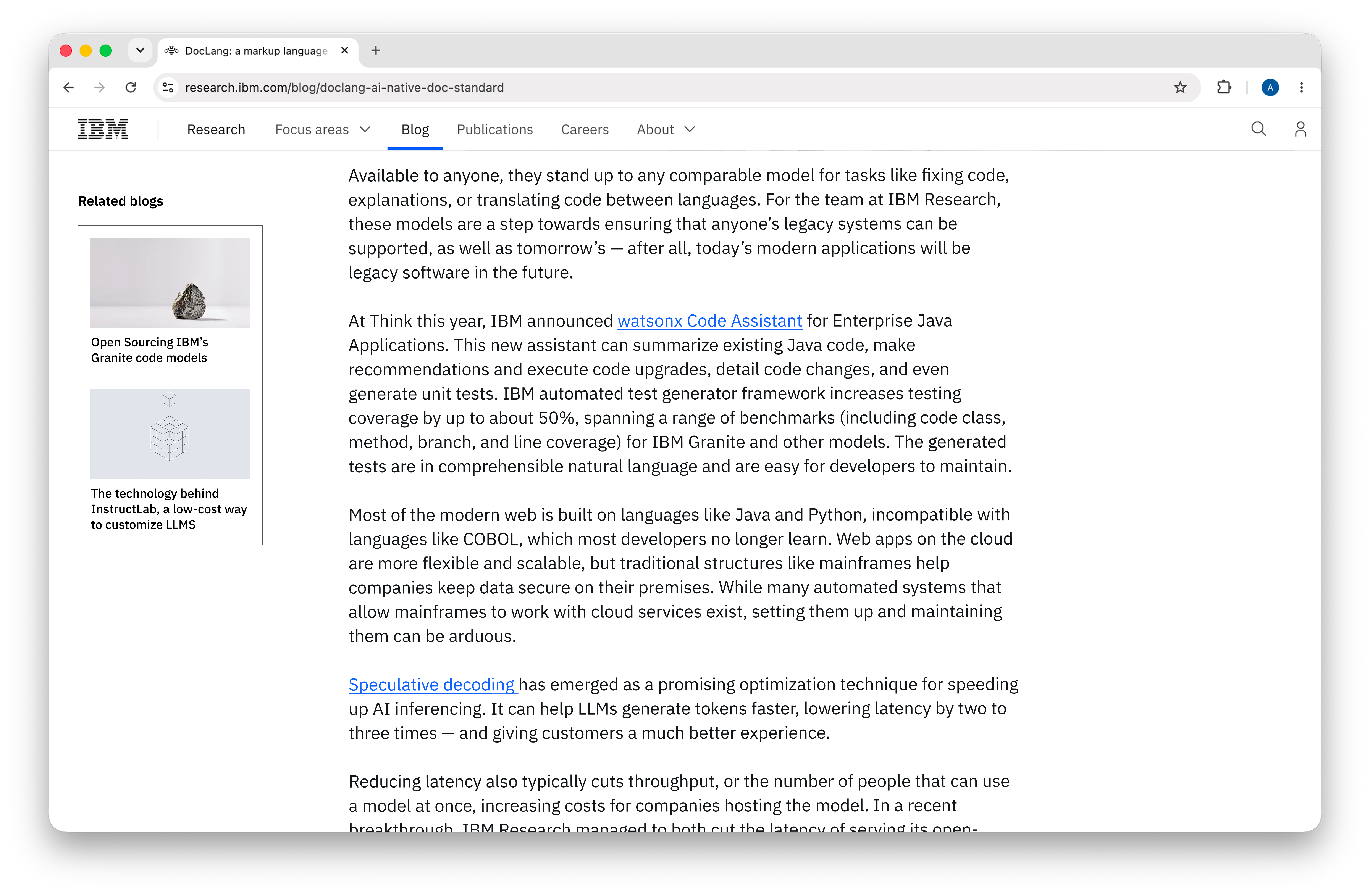 IBM Research blog page with a related blogs panel