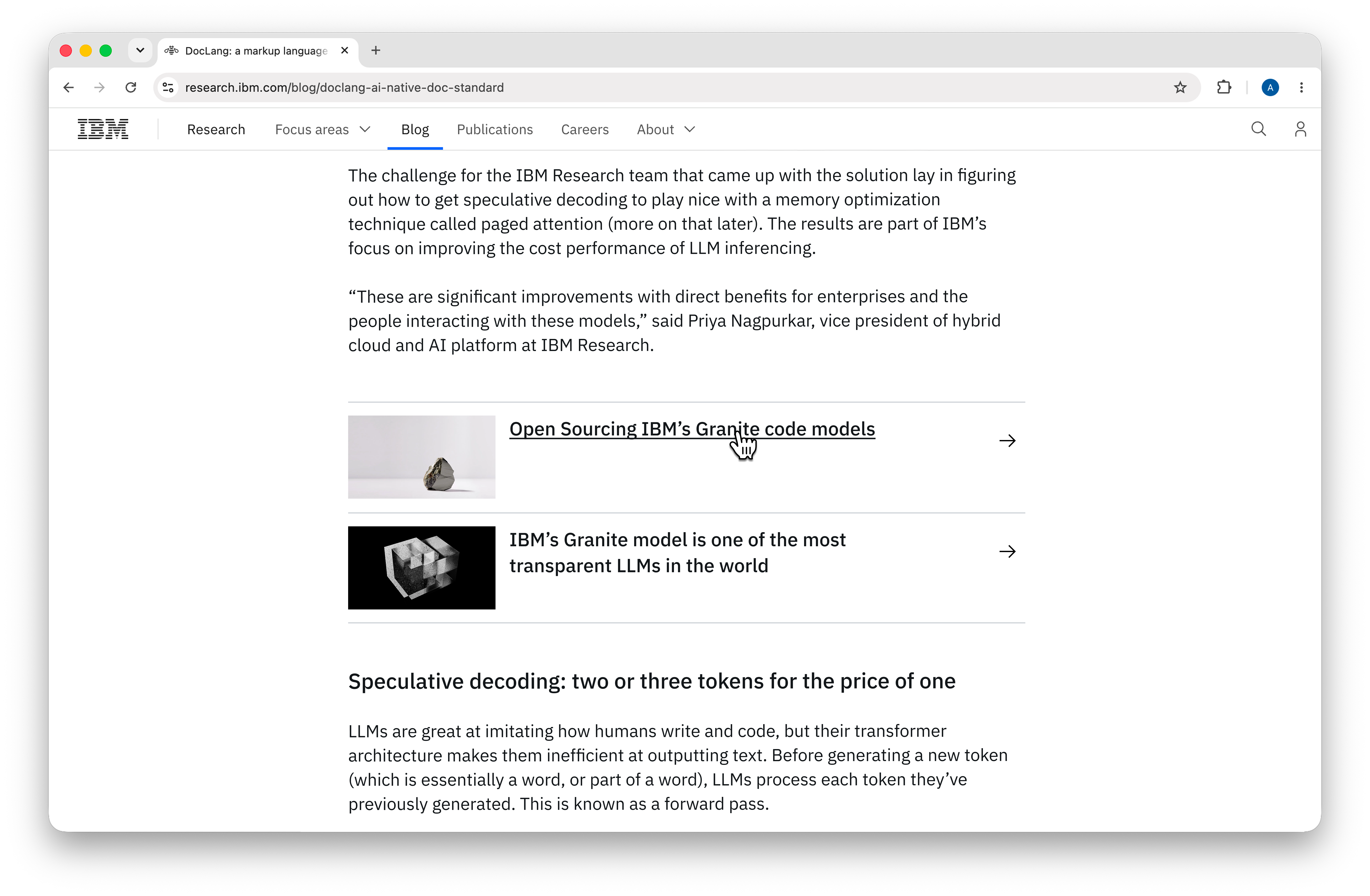 IBM Research blog article with a related blogs card revealed between sections