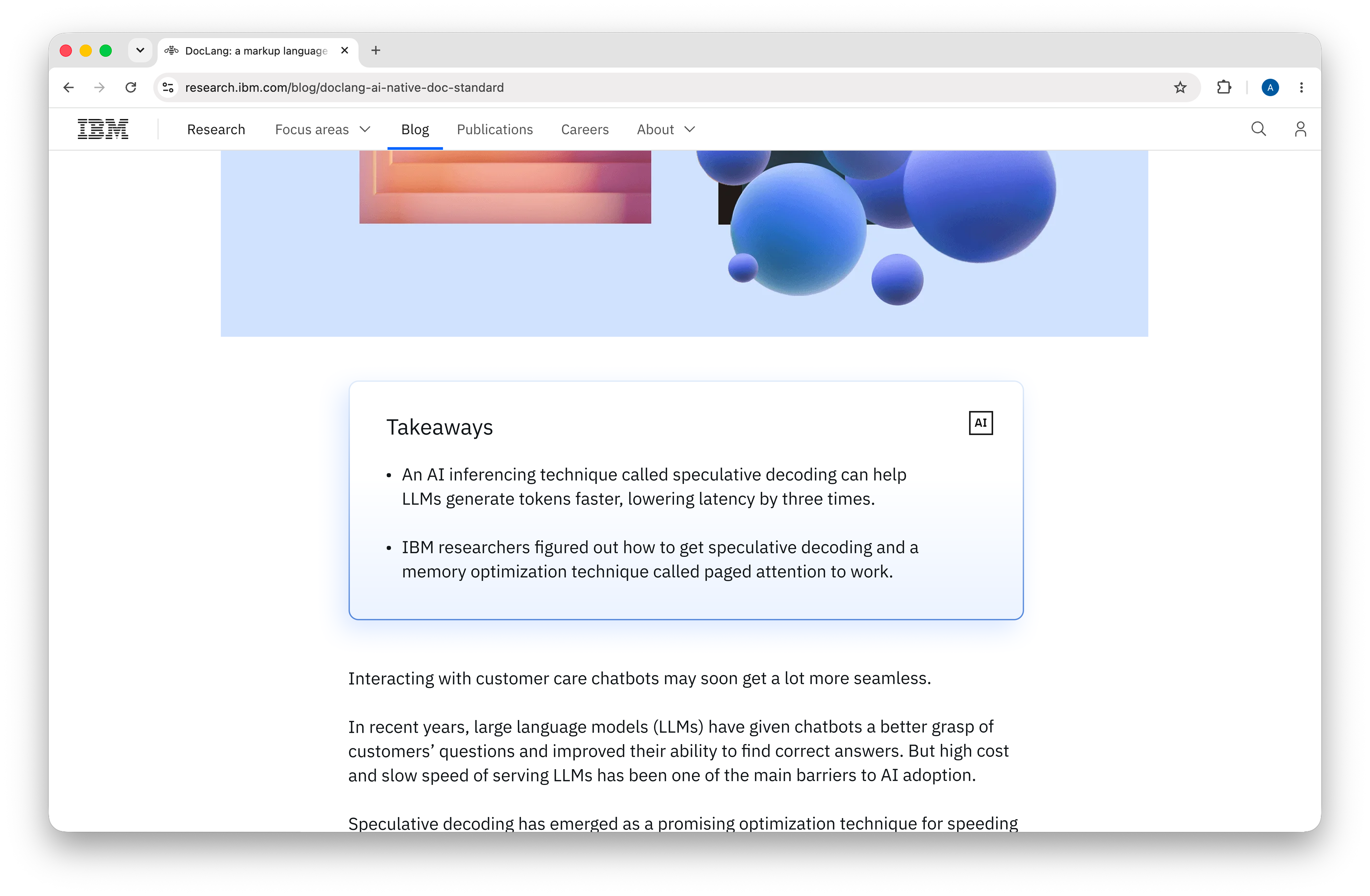 IBM Research blog with an AI-generated takeaways panel