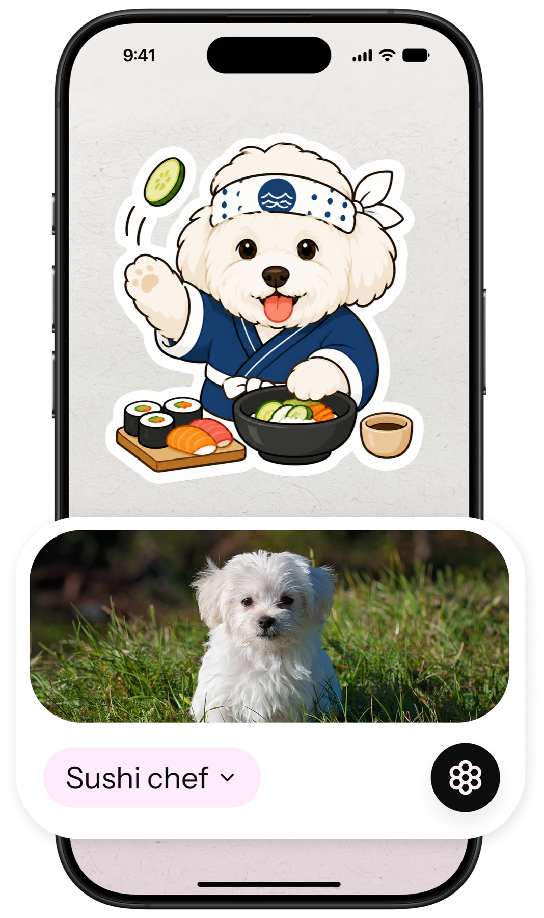 Pixora generating a sushi chef sticker from a puppy photo
