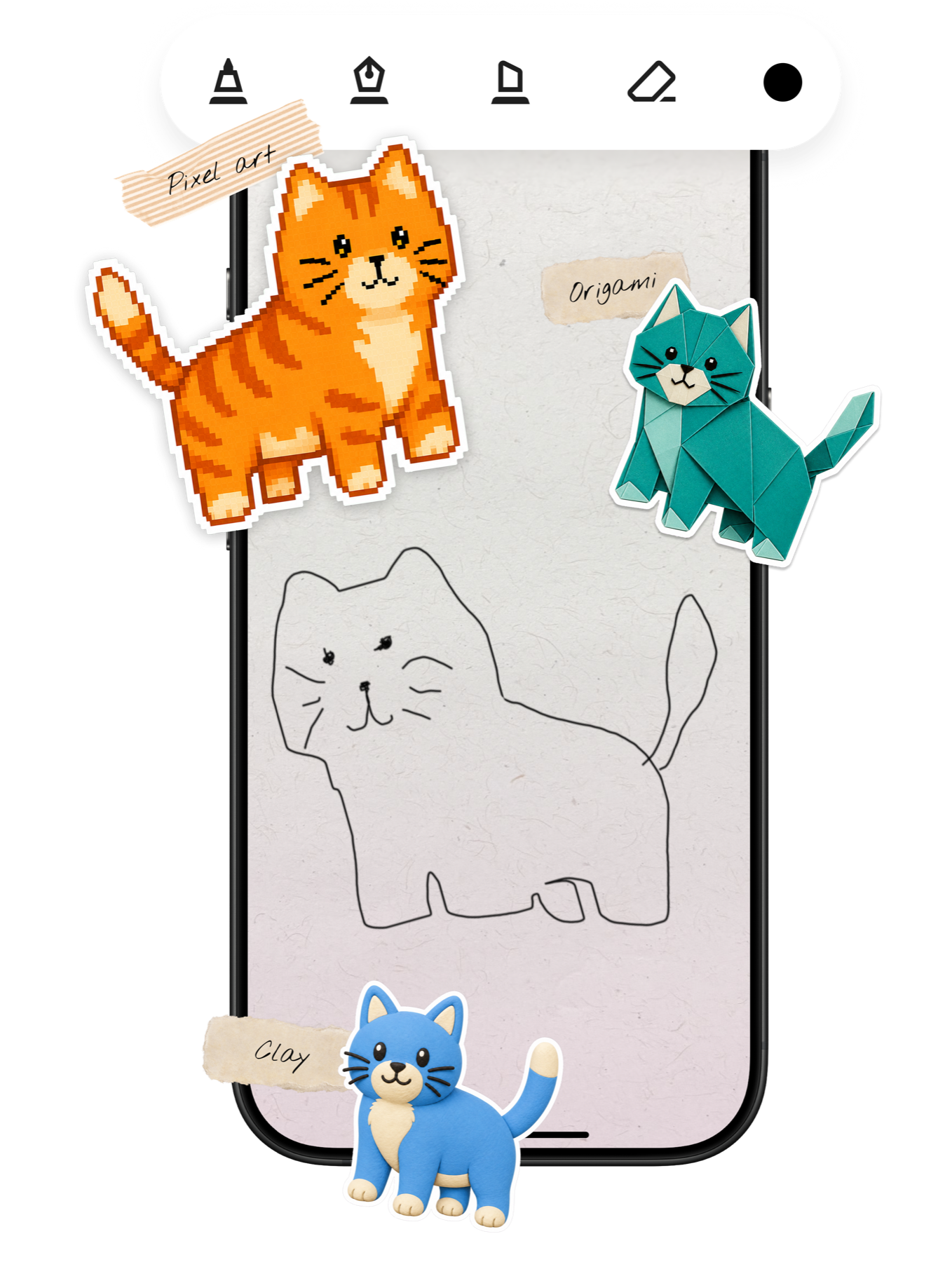 Pixora creating pixel art, origami, and clay sticker styles