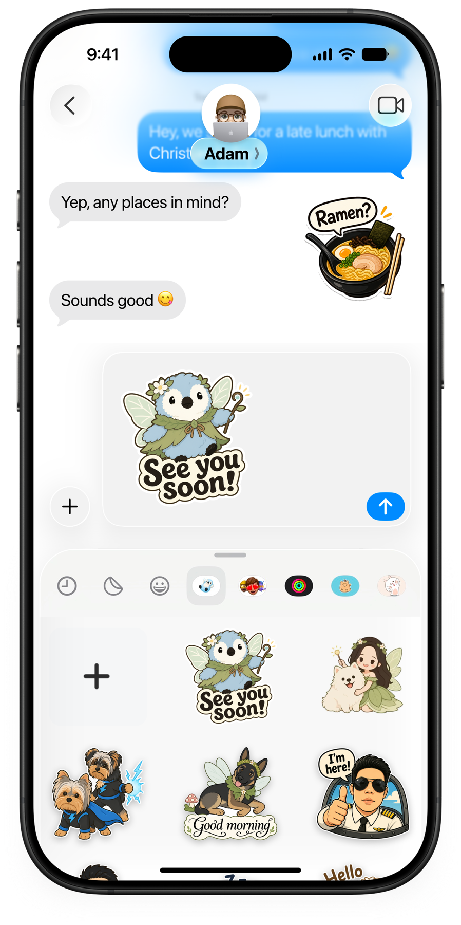 Pixora stickers shared in a Messages conversation